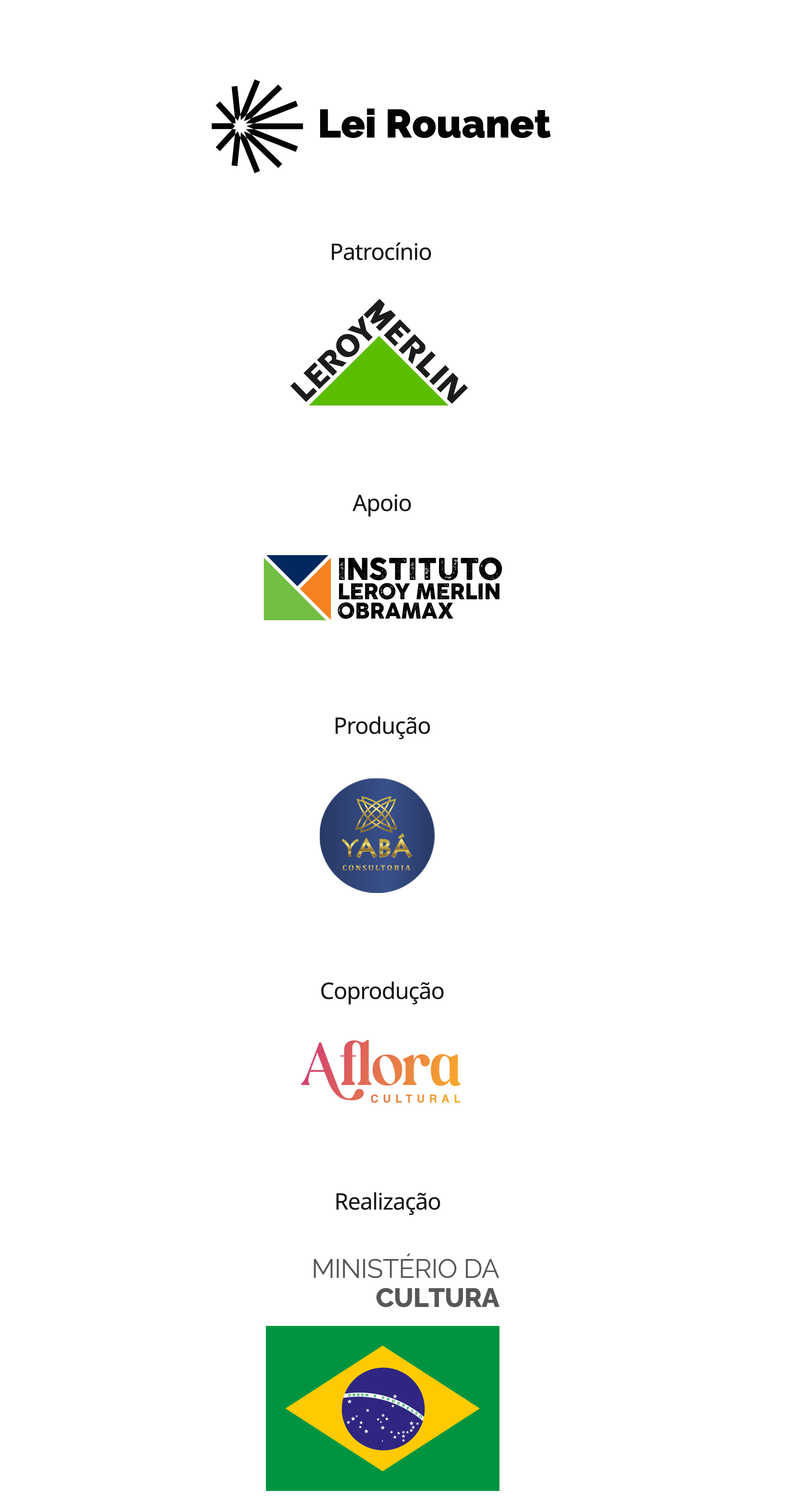 Patrocínio Lei Rouanet e Leroy Merlin Brasil, apoio Instituto Leroy Merlin Obramax, produção Yabá Consultoria, coprodução Aflora Cultural, realização Ministério da Cultura